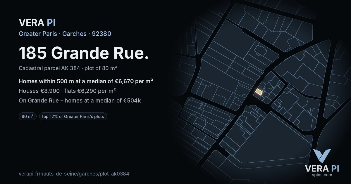 185 Grande Rue, Garches at night – the plot lit, the parcels around coloured by the prices near them
