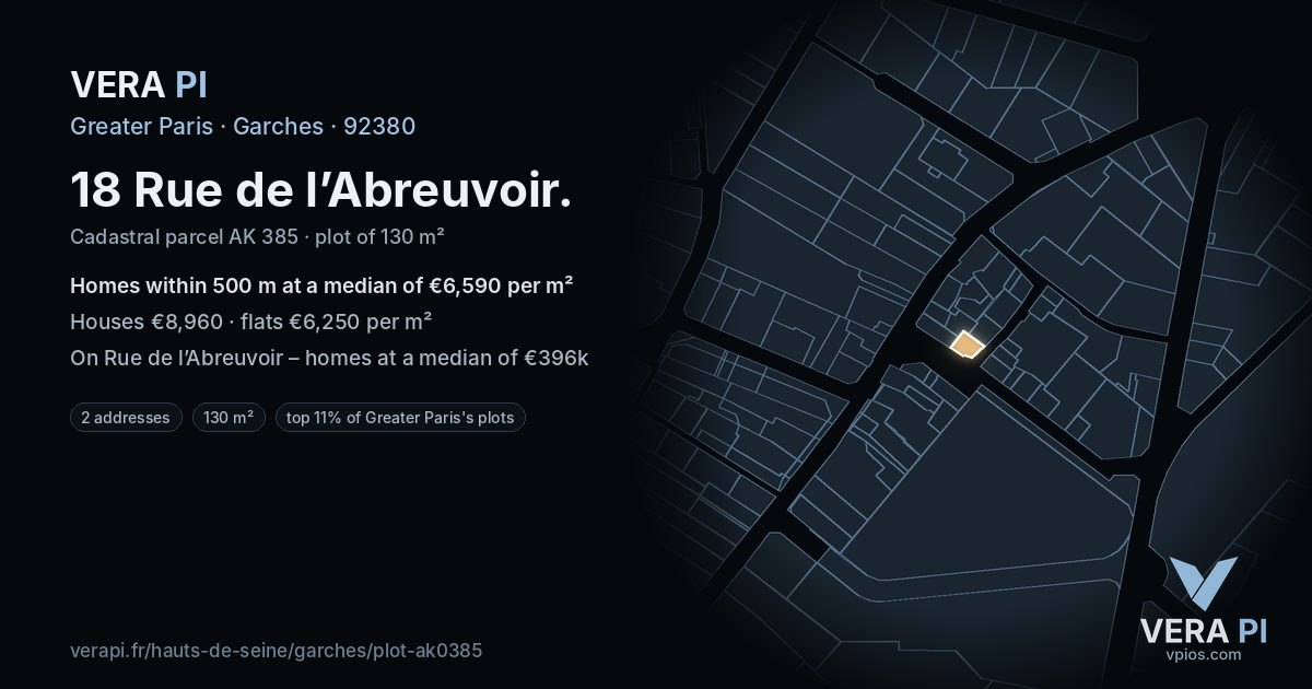 18 Rue de l’Abreuvoir, Garches at night – the plot lit, the parcels around coloured by the prices near them