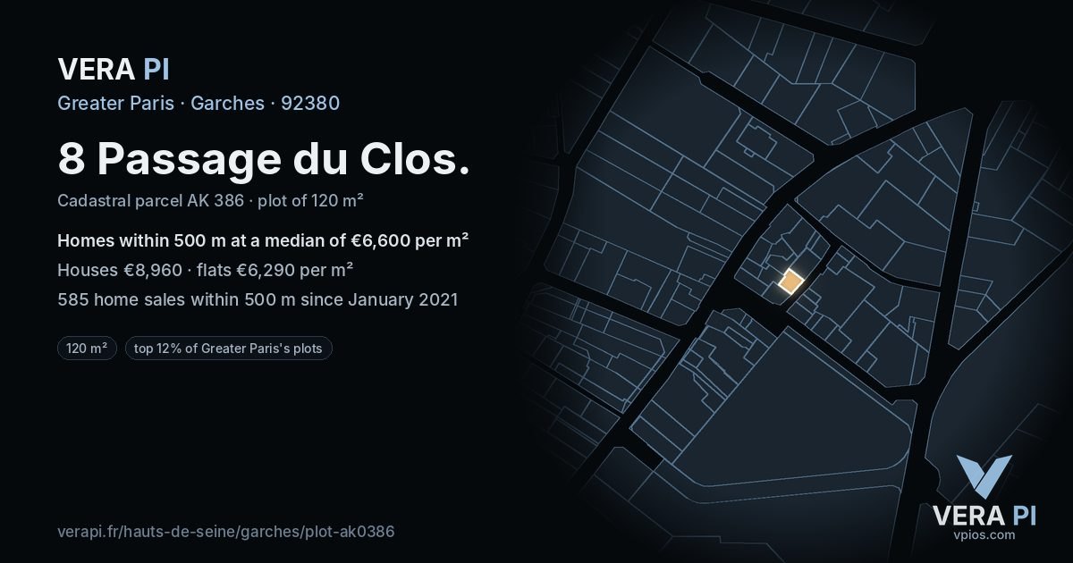 8 Passage du Clos, Garches at night – the plot lit, the parcels around coloured by the prices near them