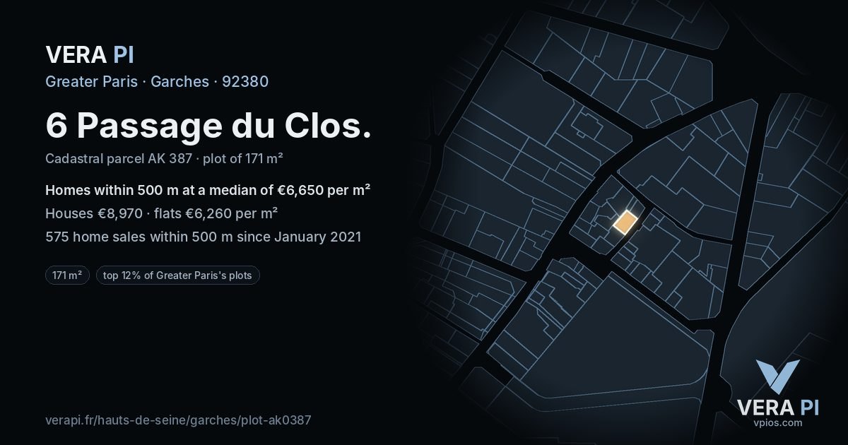 6 Passage du Clos, Garches at night – the plot lit, the parcels around coloured by the prices near them