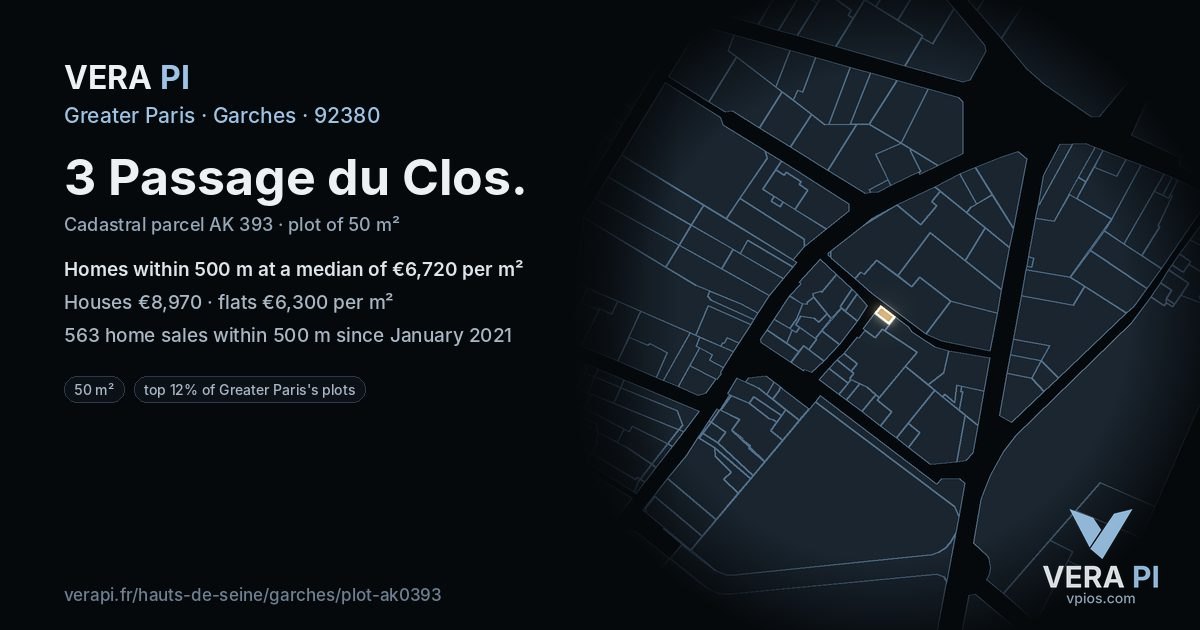 3 Passage du Clos, Garches at night – the plot lit, the parcels around coloured by the prices near them