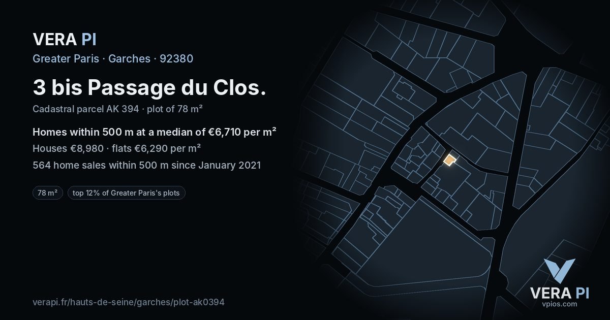 3 bis Passage du Clos, Garches at night – the plot lit, the parcels around coloured by the prices near them