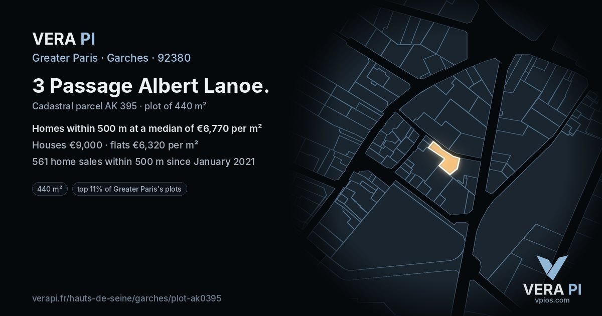 3 Passage Albert Lanoe, Garches at night – the plot lit, the parcels around coloured by the prices near them