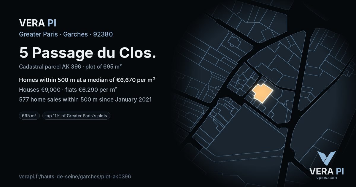 5 Passage du Clos, Garches at night – the plot lit, the parcels around coloured by the prices near them