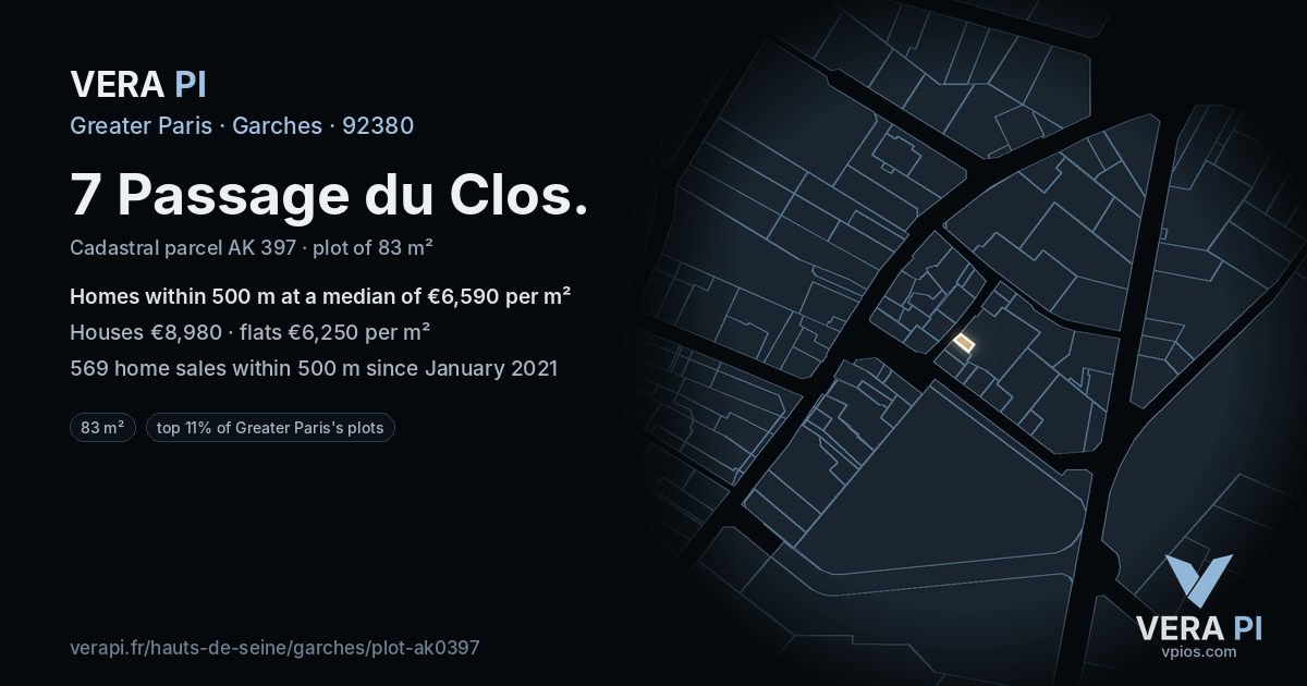 7 Passage du Clos, Garches at night – the plot lit, the parcels around coloured by the prices near them