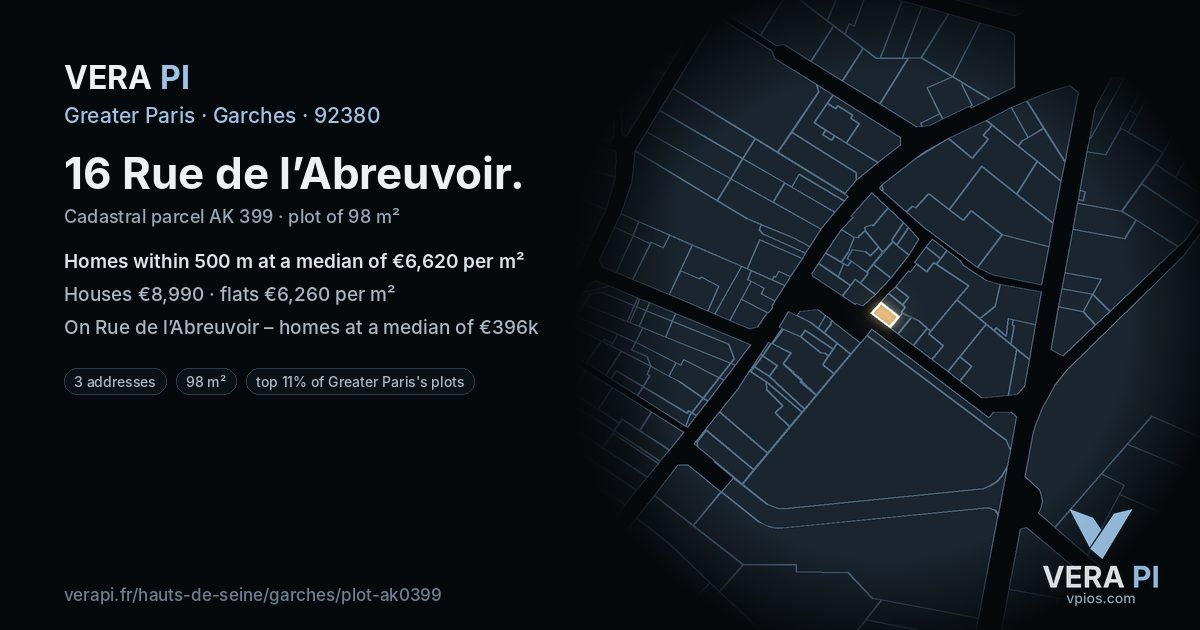 16 Rue de l’Abreuvoir, Garches at night – the plot lit, the parcels around coloured by the prices near them