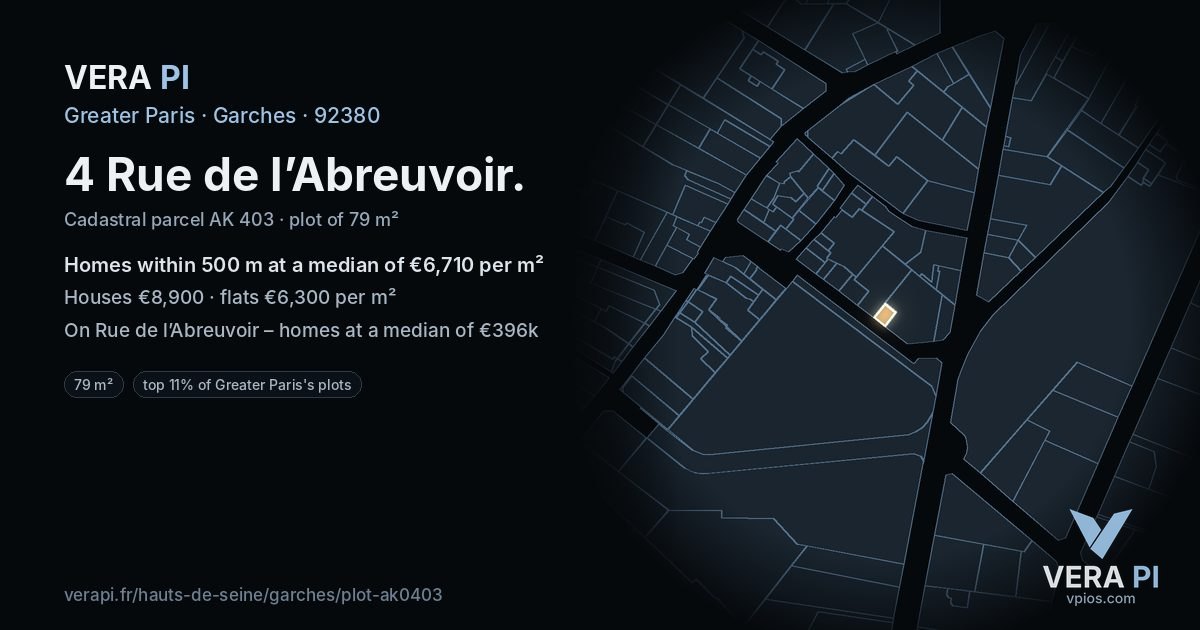 4 Rue de l’Abreuvoir, Garches at night – the plot lit, the parcels around coloured by the prices near them