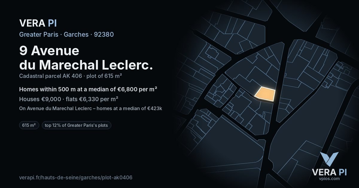 9 Avenue du Marechal Leclerc, Garches at night – the plot lit, the parcels around coloured by the prices near them