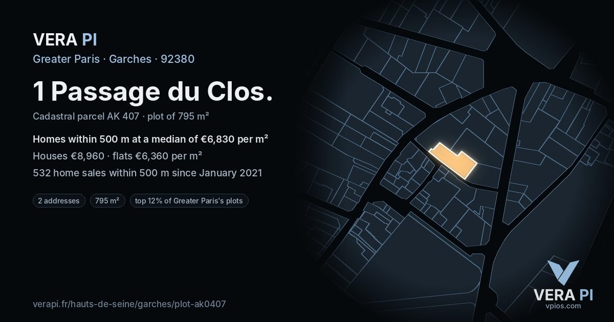 1 Passage du Clos, Garches at night – the plot lit, the parcels around coloured by the prices near them