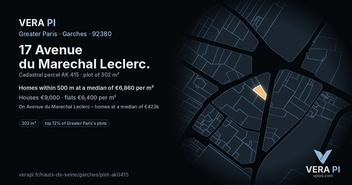 17 Avenue du Marechal Leclerc, Garches at night – the plot lit, the parcels around coloured by the prices near them