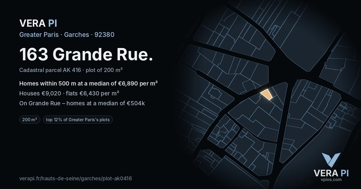 163 Grande Rue, Garches at night – the plot lit, the parcels around coloured by the prices near them