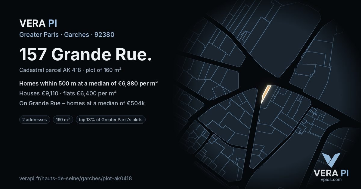 157 Grande Rue, Garches at night – the plot lit, the parcels around coloured by the prices near them