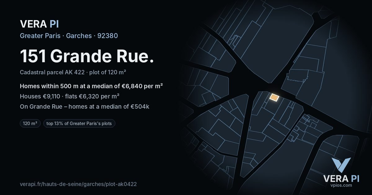 151 Grande Rue, Garches at night – the plot lit, the parcels around coloured by the prices near them