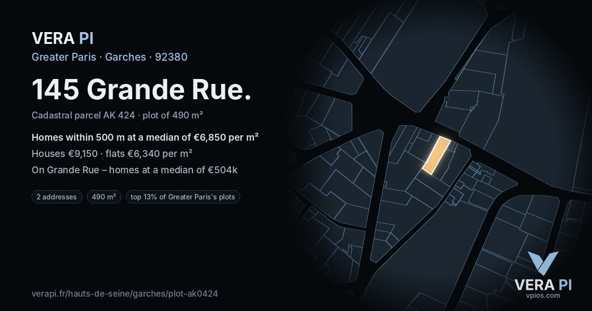145 Grande Rue, Garches at night – the plot lit, the parcels around coloured by the prices near them