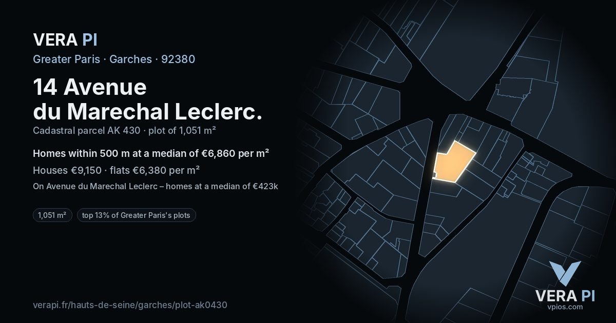 14 Avenue du Marechal Leclerc, Garches at night – the plot lit, the parcels around coloured by the prices near them