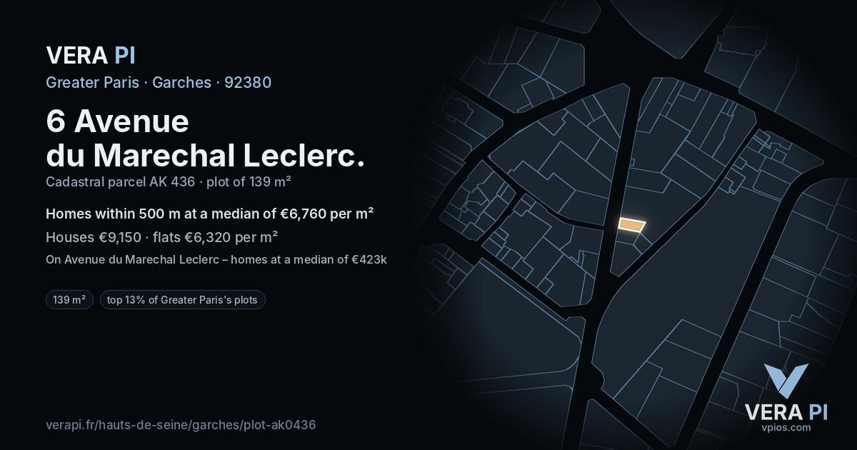 6 Avenue du Marechal Leclerc, Garches at night – the plot lit, the parcels around coloured by the prices near them