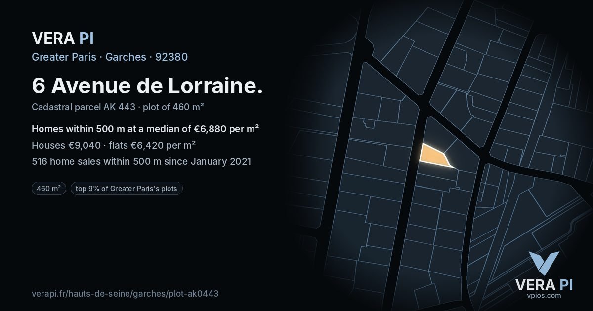 6 Avenue de Lorraine, Garches at night – the plot lit, the parcels around coloured by the prices near them