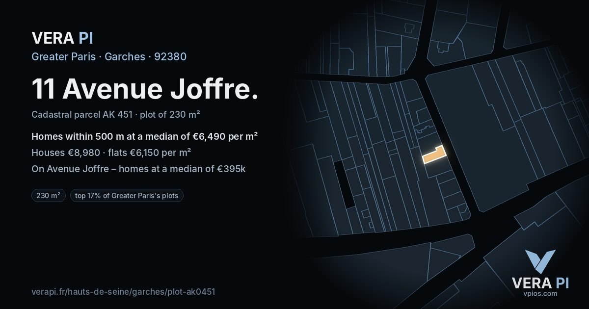 11 Avenue Joffre, Garches at night – the plot lit, the parcels around coloured by the prices near them