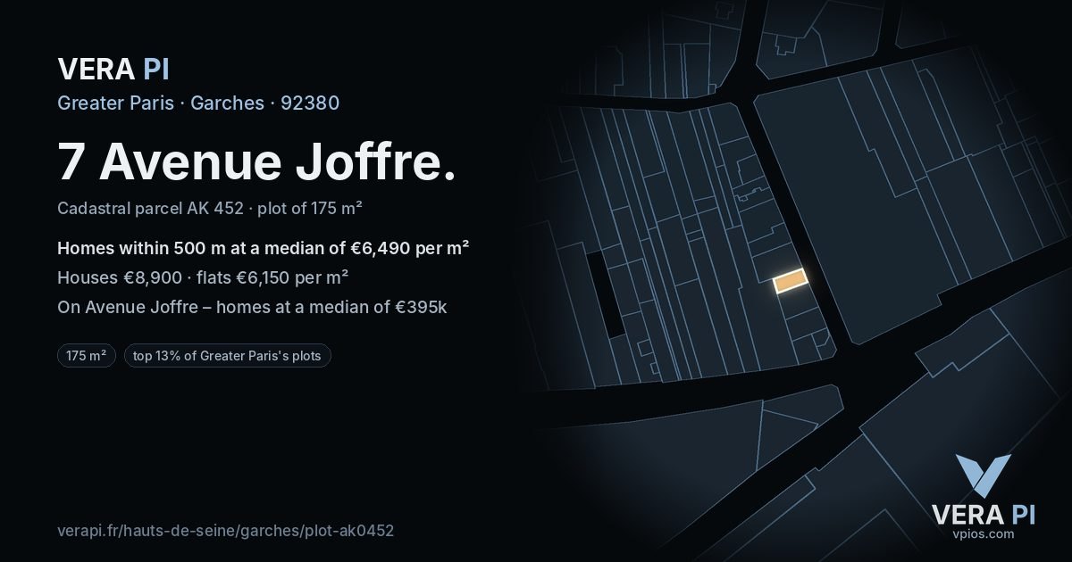 7 Avenue Joffre, Garches at night – the plot lit, the parcels around coloured by the prices near them