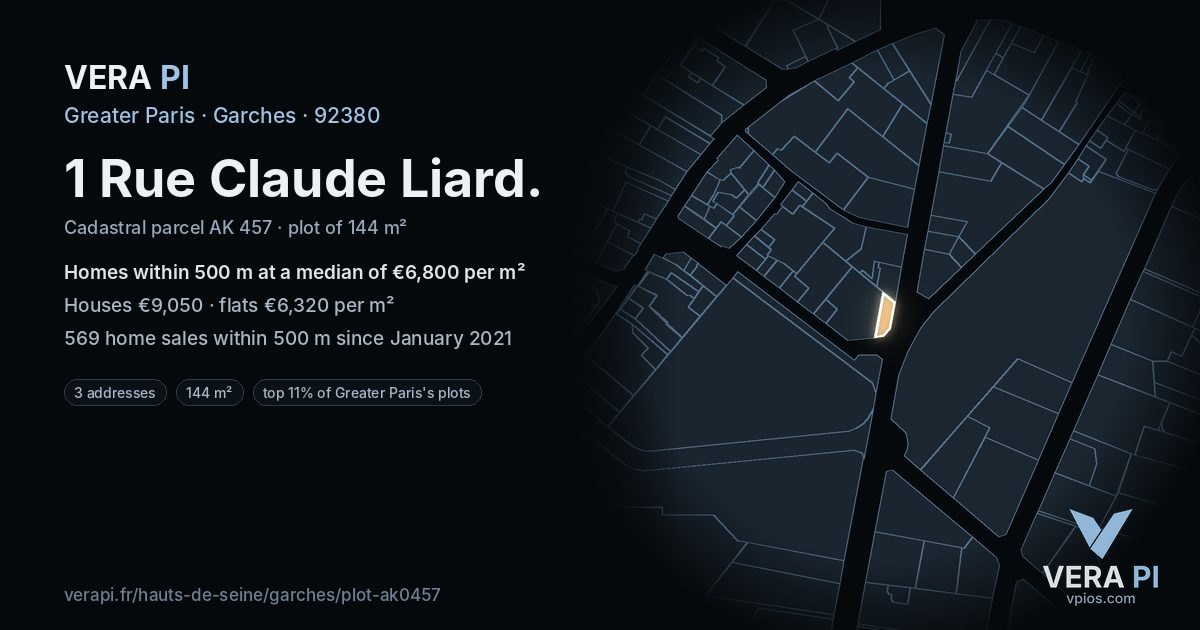 1 Rue Claude Liard, Garches at night – the plot lit, the parcels around coloured by the prices near them