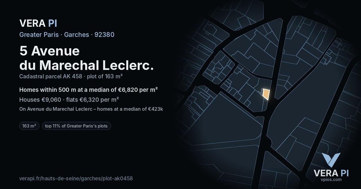 5 Avenue du Marechal Leclerc, Garches at night – the plot lit, the parcels around coloured by the prices near them