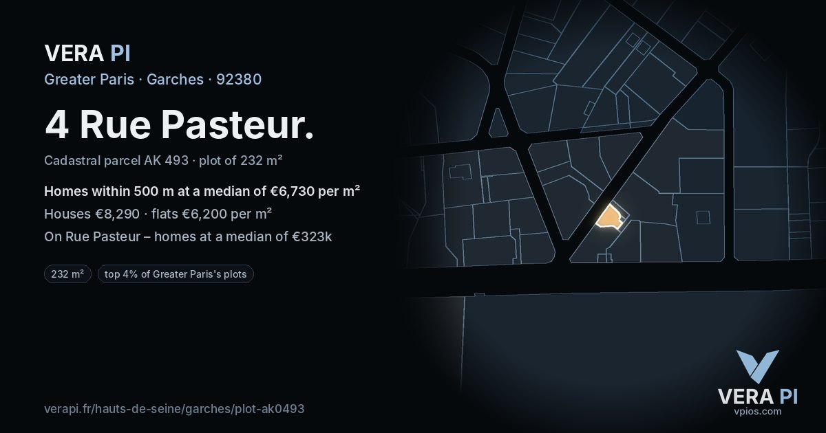 4 Rue Pasteur, Garches at night – the plot lit, the parcels around coloured by the prices near them