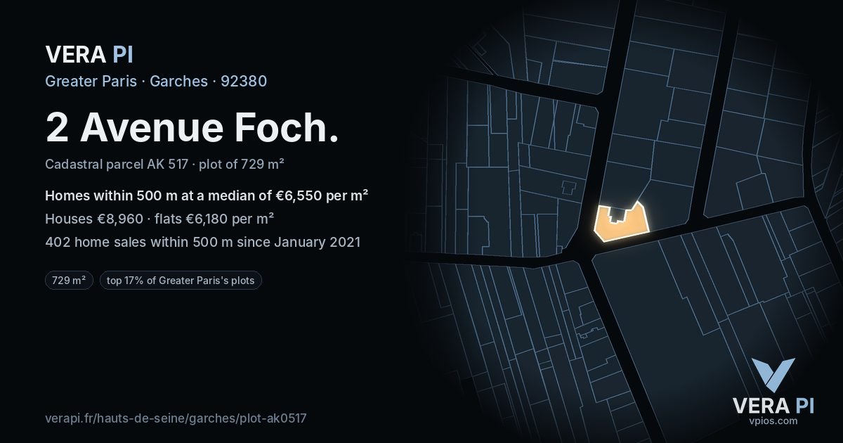 2 Avenue Foch, Garches at night – the plot lit, the parcels around coloured by the prices near them