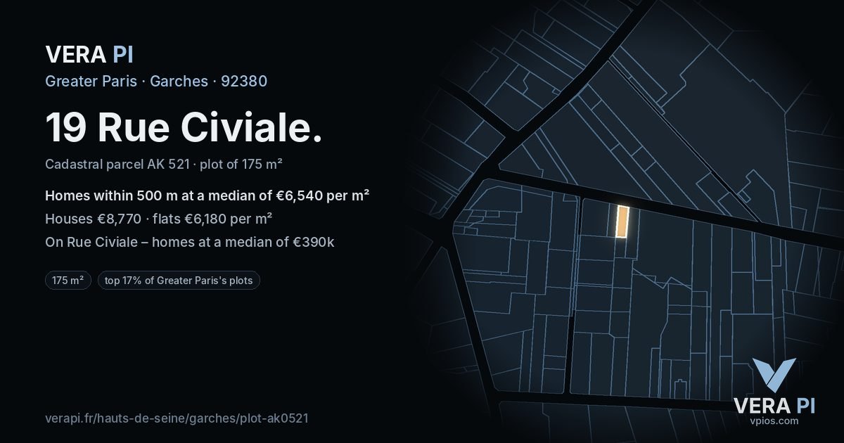 19 Rue Civiale, Garches at night – the plot lit, the parcels around coloured by the prices near them