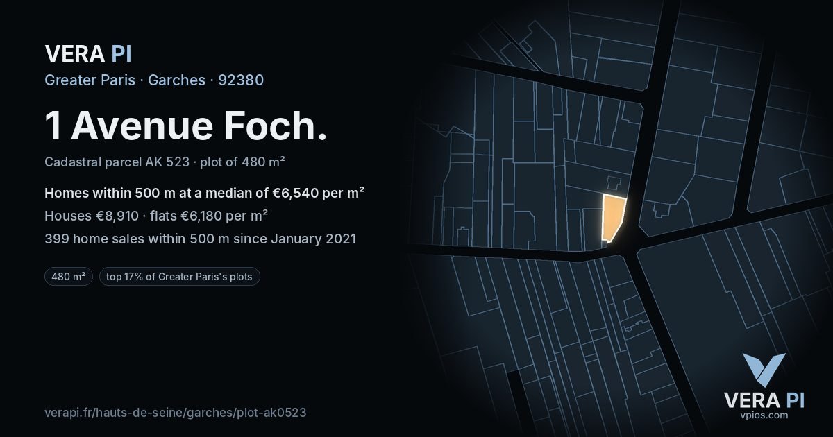 1 Avenue Foch, Garches at night – the plot lit, the parcels around coloured by the prices near them