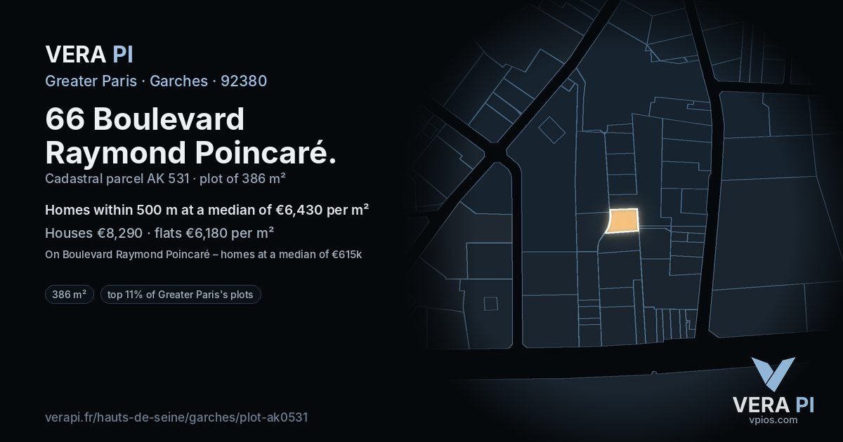 66 Boulevard Raymond Poincaré, Garches at night – the plot lit, the parcels around coloured by the prices near them