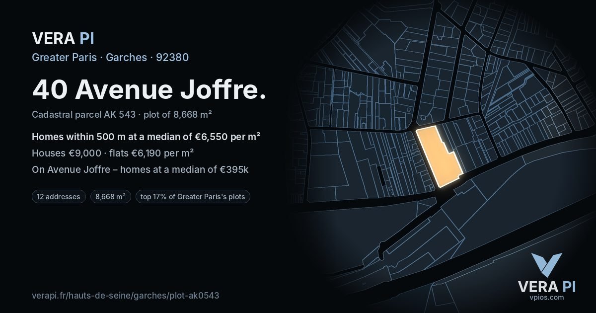40 Avenue Joffre, Garches at night – the plot lit, the parcels around coloured by the prices near them