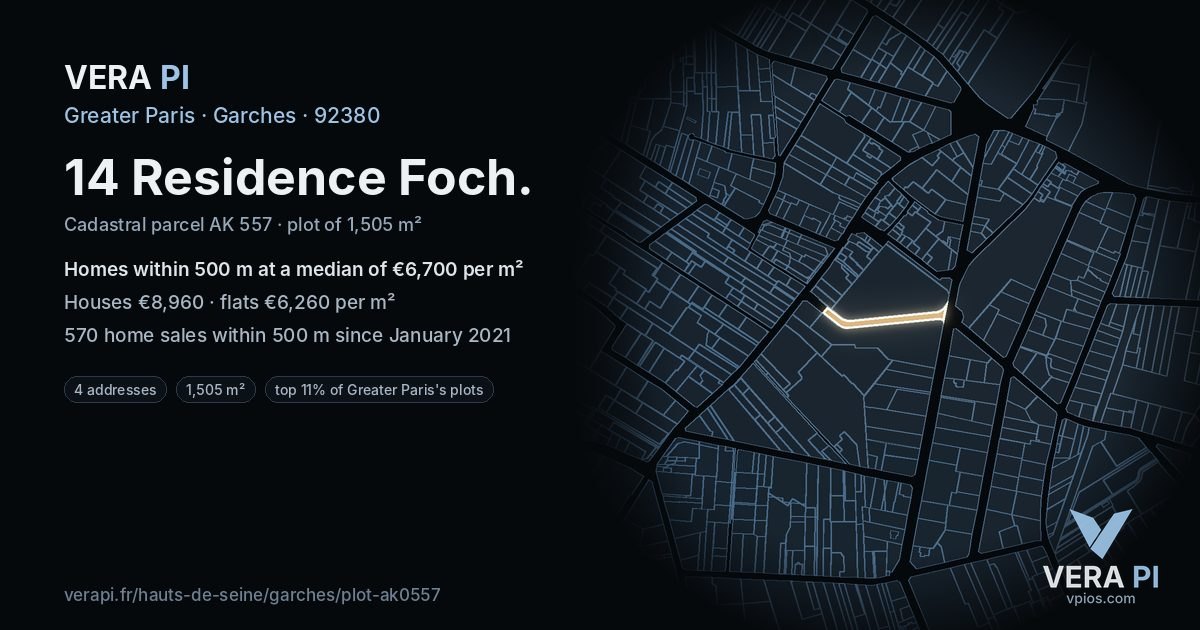 14 Residence Foch, Garches at night – the plot lit, the parcels around coloured by the prices near them