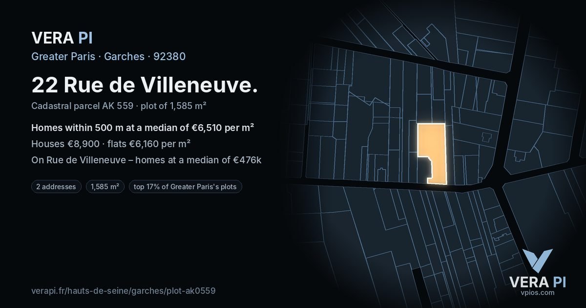 22 Rue de Villeneuve, Garches at night – the plot lit, the parcels around coloured by the prices near them