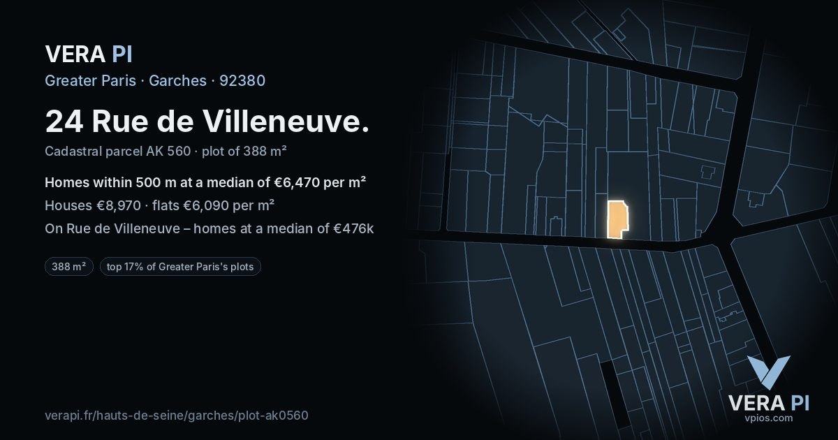 24 Rue de Villeneuve, Garches at night – the plot lit, the parcels around coloured by the prices near them