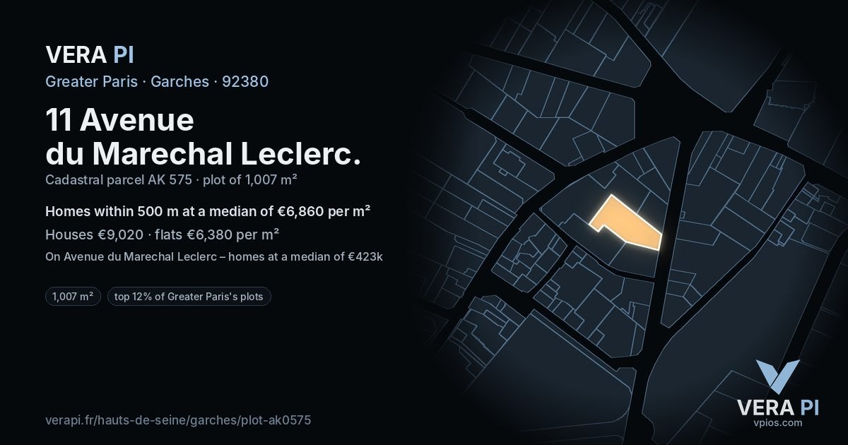 11 Avenue du Marechal Leclerc, Garches at night – the plot lit, the parcels around coloured by the prices near them