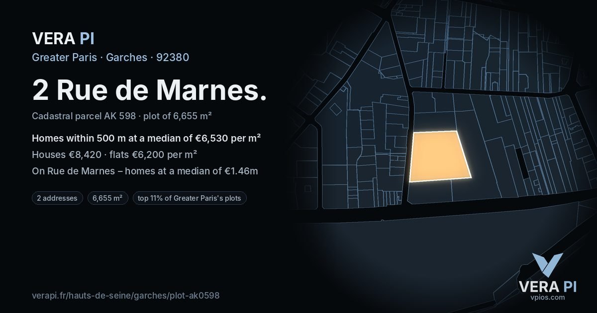 2 Rue de Marnes, Garches at night – the plot lit, the parcels around coloured by the prices near them