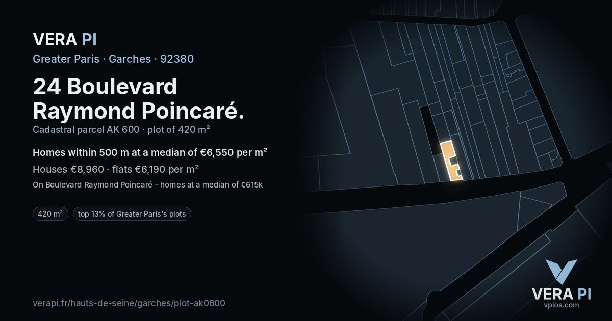 24 Boulevard Raymond Poincaré, Garches at night – the plot lit, the parcels around coloured by the prices near them
