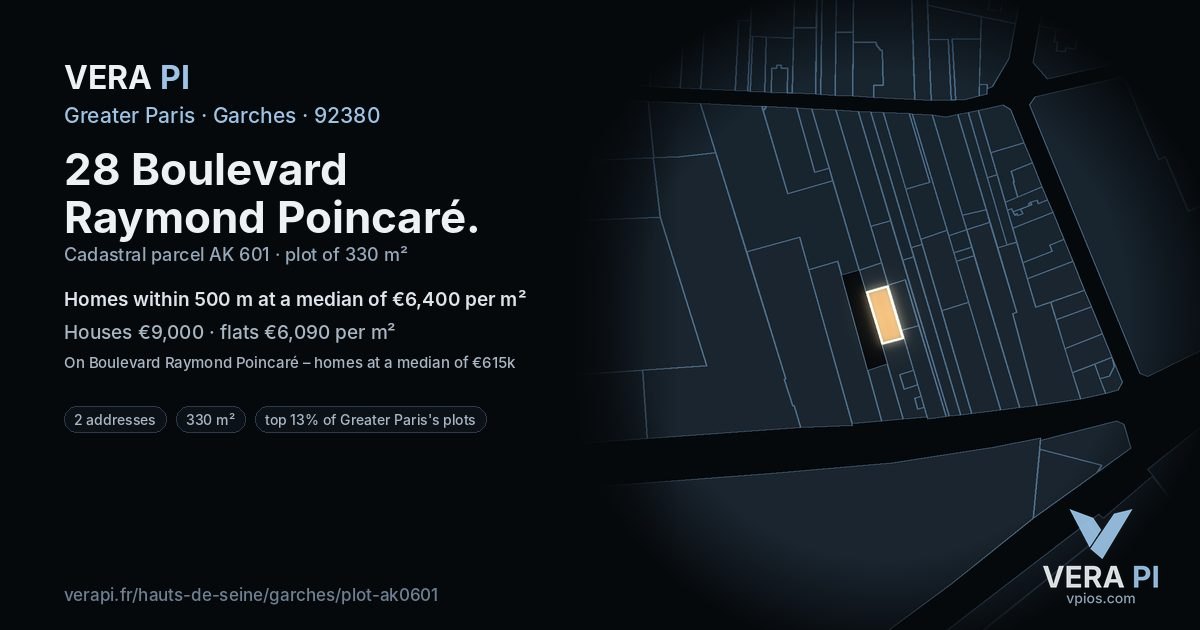 28 Boulevard Raymond Poincaré, Garches at night – the plot lit, the parcels around coloured by the prices near them