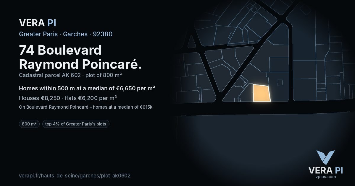 74 Boulevard Raymond Poincaré, Garches at night – the plot lit, the parcels around coloured by the prices near them