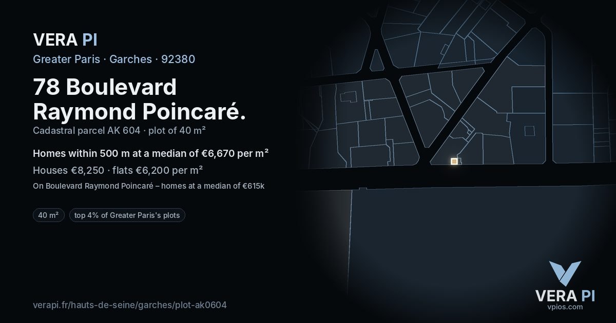 78 Boulevard Raymond Poincaré, Garches at night – the plot lit, the parcels around coloured by the prices near them