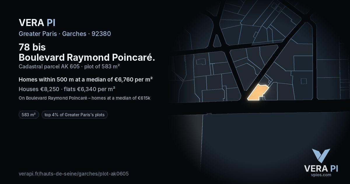 78 bis Boulevard Raymond Poincaré, Garches at night – the plot lit, the parcels around coloured by the prices near them