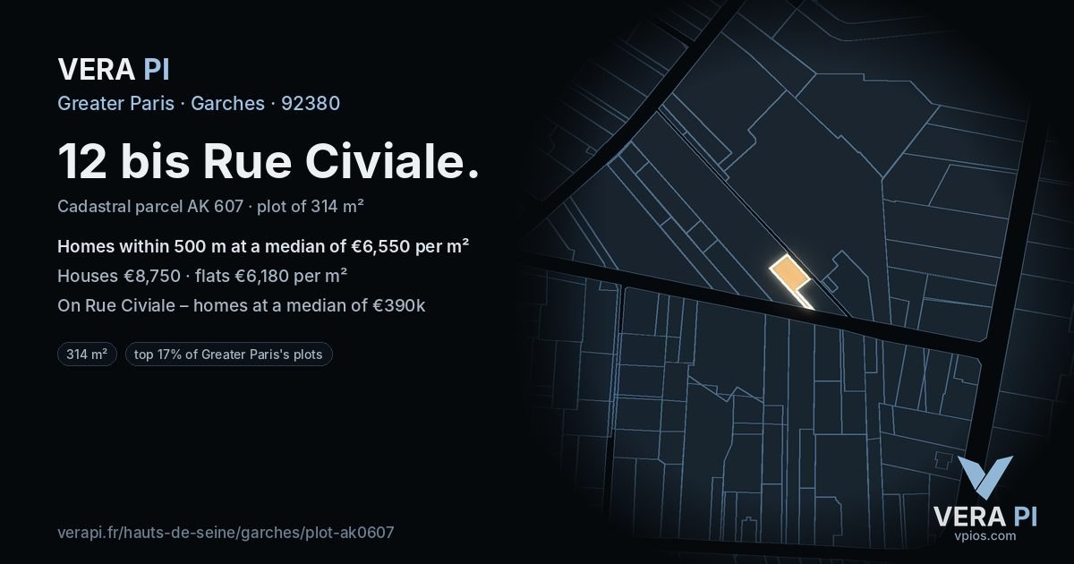 12 bis Rue Civiale, Garches at night – the plot lit, the parcels around coloured by the prices near them