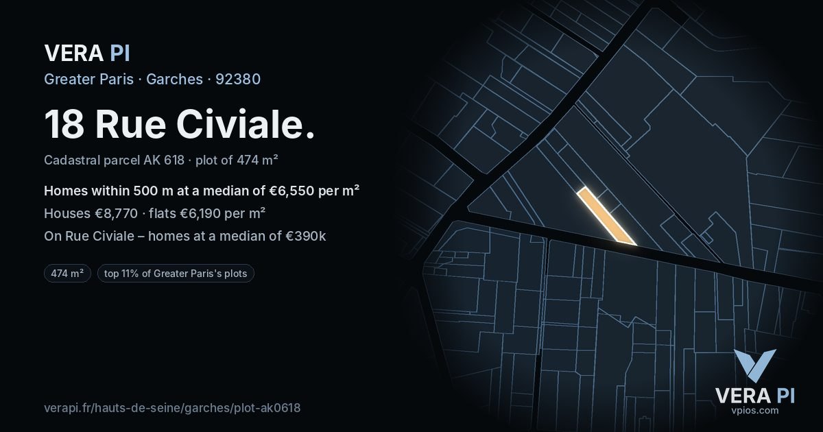 18 Rue Civiale, Garches at night – the plot lit, the parcels around coloured by the prices near them