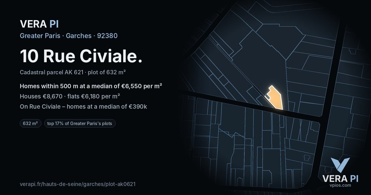 10 Rue Civiale, Garches at night – the plot lit, the parcels around coloured by the prices near them