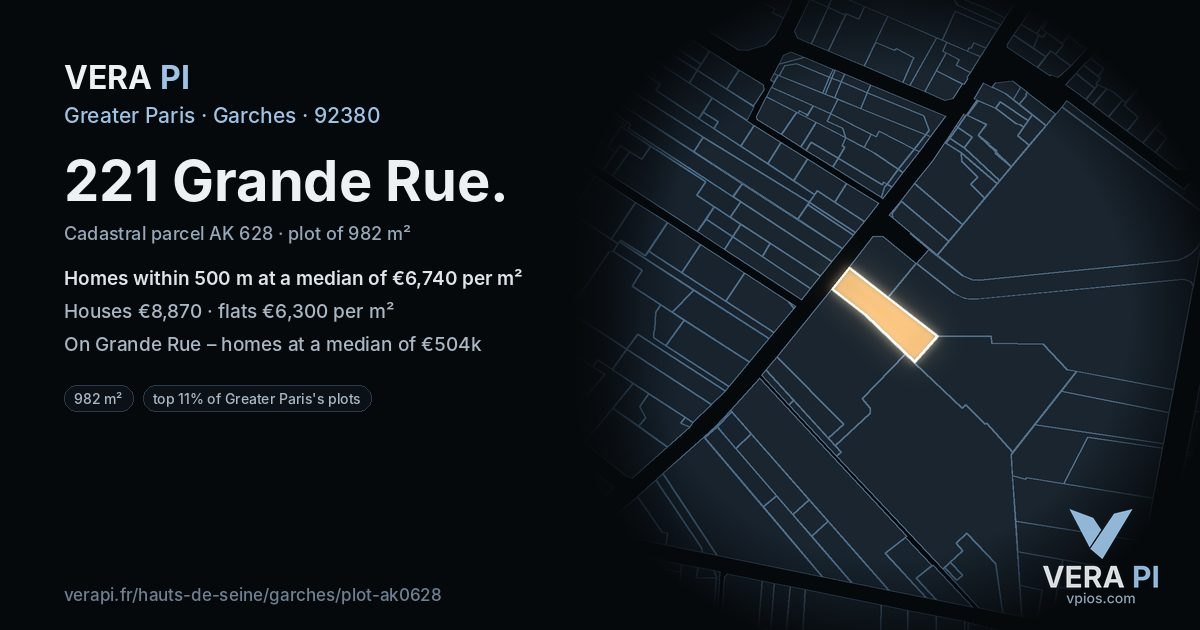 221 Grande Rue, Garches at night – the plot lit, the parcels around coloured by the prices near them