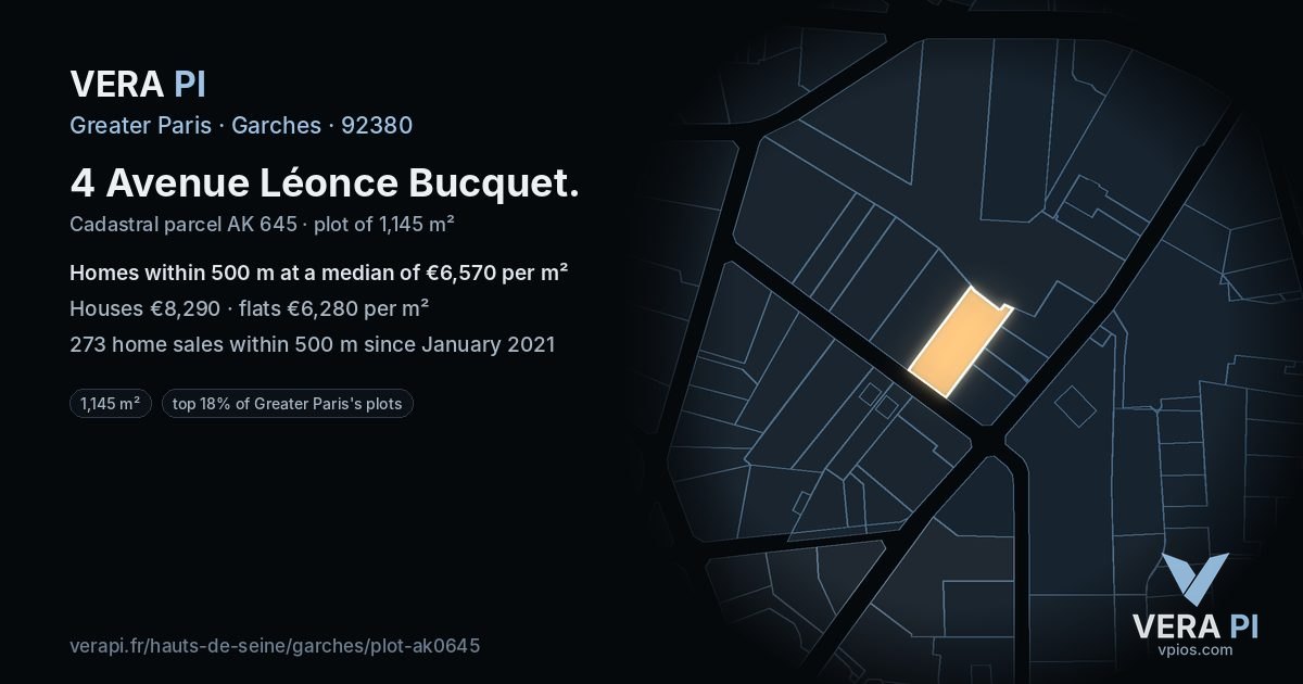 4 Avenue Léonce Bucquet, Garches at night – the plot lit, the parcels around coloured by the prices near them