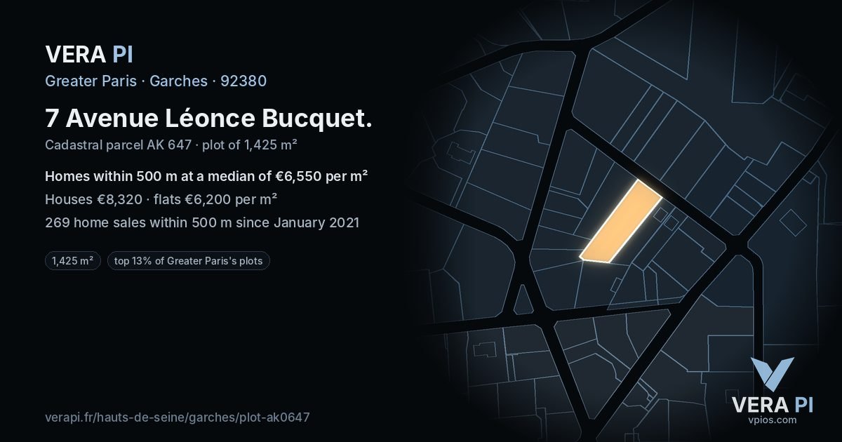 7 Avenue Léonce Bucquet, Garches at night – the plot lit, the parcels around coloured by the prices near them
