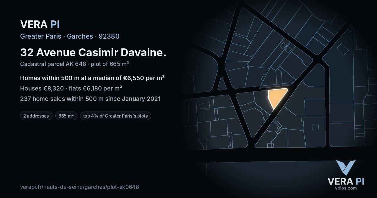 32 Avenue Casimir Davaine, Garches at night – the plot lit, the parcels around coloured by the prices near them