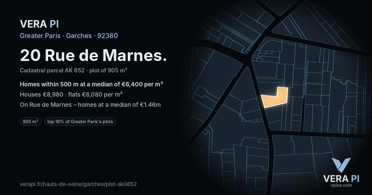 20 Rue de Marnes, Garches at night – the plot lit, the parcels around coloured by the prices near them