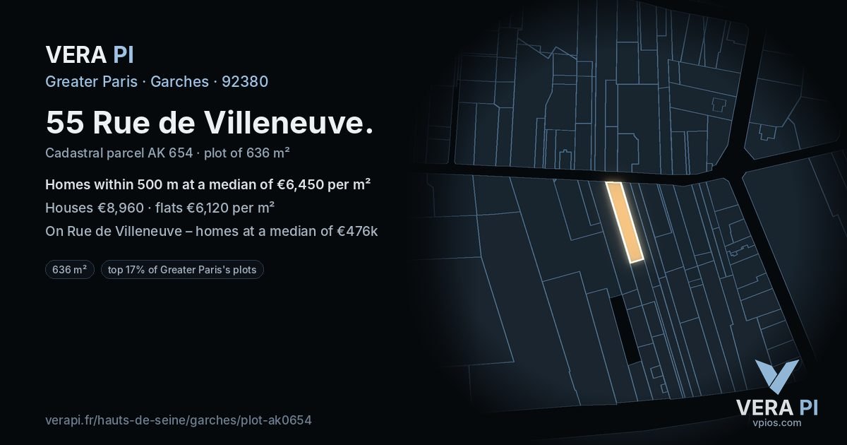 55 Rue de Villeneuve, Garches at night – the plot lit, the parcels around coloured by the prices near them